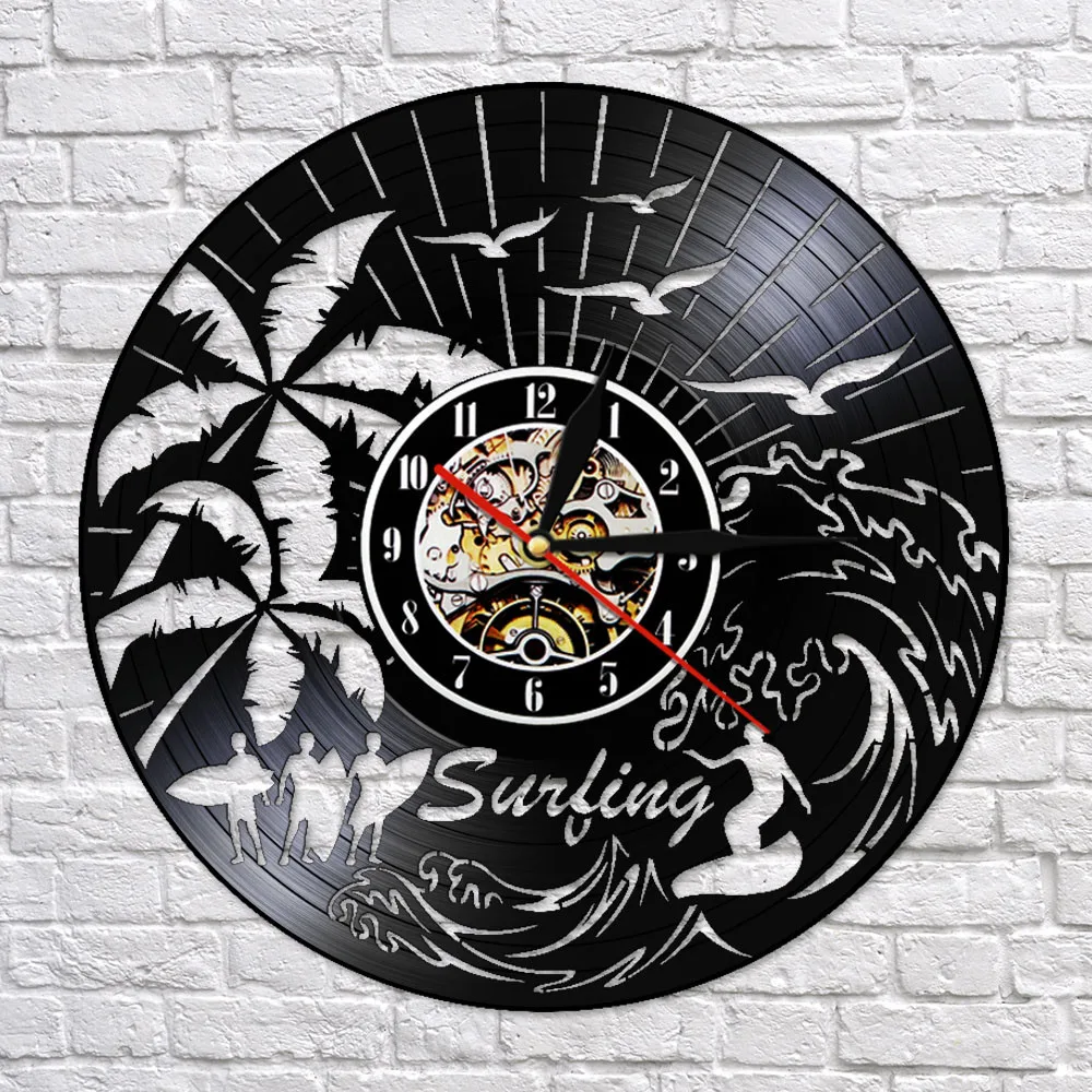 Surfing Hobby Vinyl Record Clock Summer Beach Time Wall Surfwise Surfing Wave Hanging Watch Surfers Extreme Sports Lover Gift