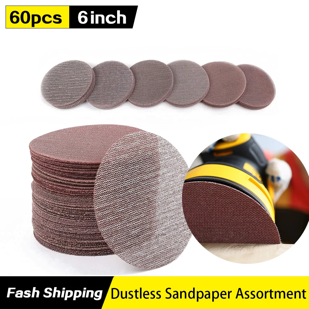 60PCS 6Inch Sanding Discs 80 100 120 180 240 320 Grit Mesh Abrasive Dustless Sandpaper Assortment for Car Woodworking - Hook