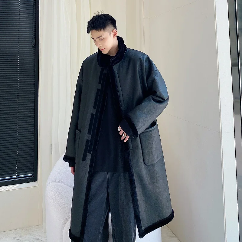 2021 Winter coat black men's mid length and fleece fur trend-chic young men's fur one-piece coat