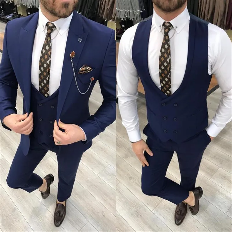 

2021 Lastest Jacket Vest Pant Design Peak Lapel Navy Mens Suit Slim Fit Tairol Made 3 Pieces Groom Tuxedos Costume Homme Mariage