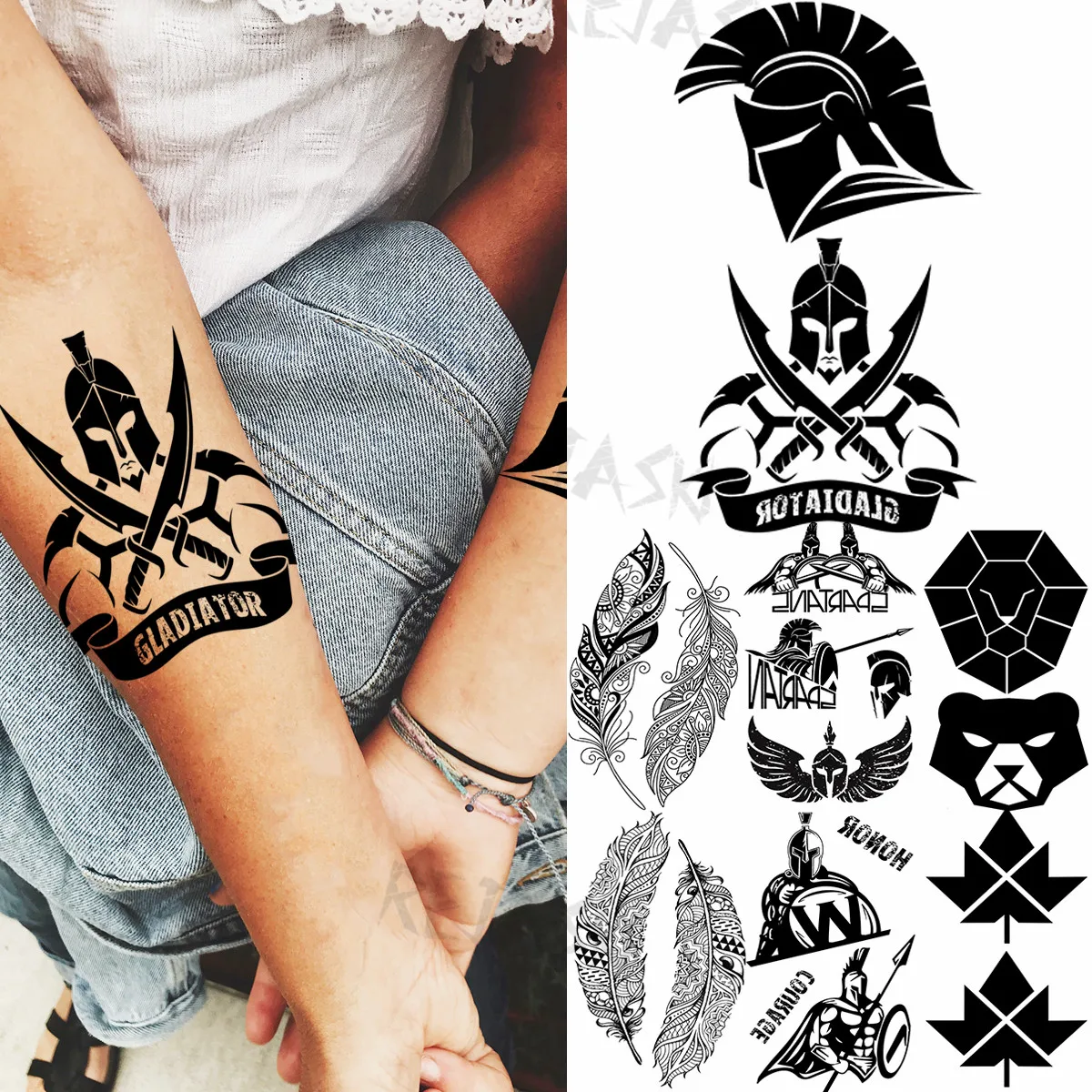 Realistic Spartan Helmet Temporary Tattoos For Men Adult Feather Bear Maple Leaf Fake Tattoo Sticker Unique Wrist Washable Tatoo