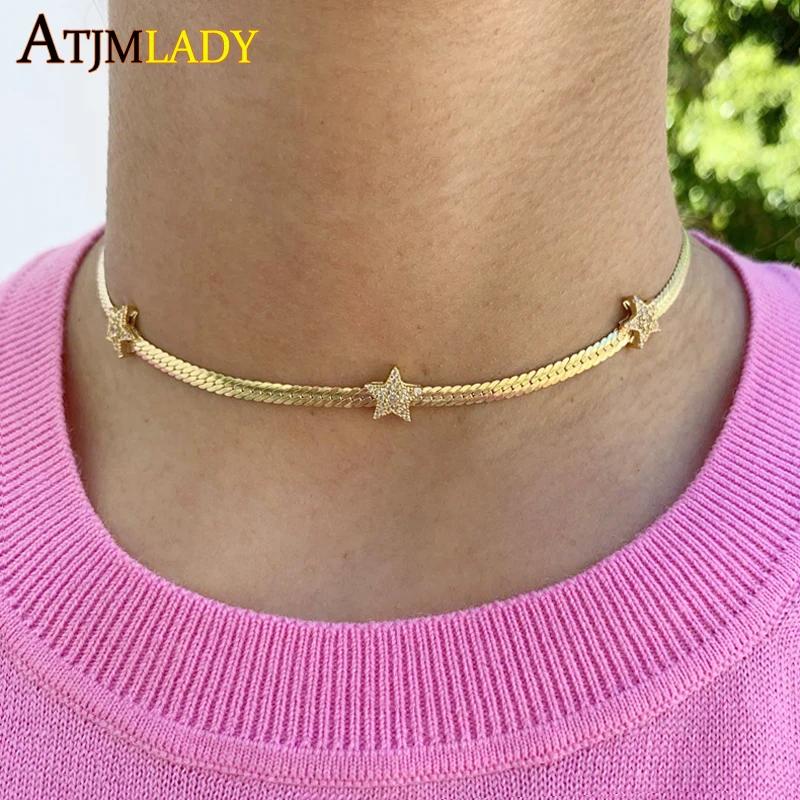 New Arrive Gold Color European Women Collar Chains 4MM Width Herringbone Snake Chain Micro Pave CZ Star Charm Choker Necklace