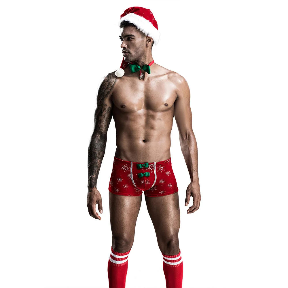 

2021 New Role Play Mens Sexy Santa Claus Uniform Set,Gay Bar Dance Perform T-back Costume