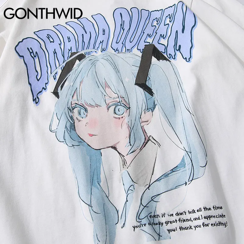 GONTHWID Tshirts Streetwear Japanese Anime Cartoon Girl Print T-Shirt Harajuku Hip Hop Hipster Casual Summer Loose Tees Tops