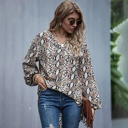 Blusa holgada informal de gasa con estampado de leopardo para mujer, camisa de manga larga con cuello en V, Estilo Vintage, talla grande, para otoño