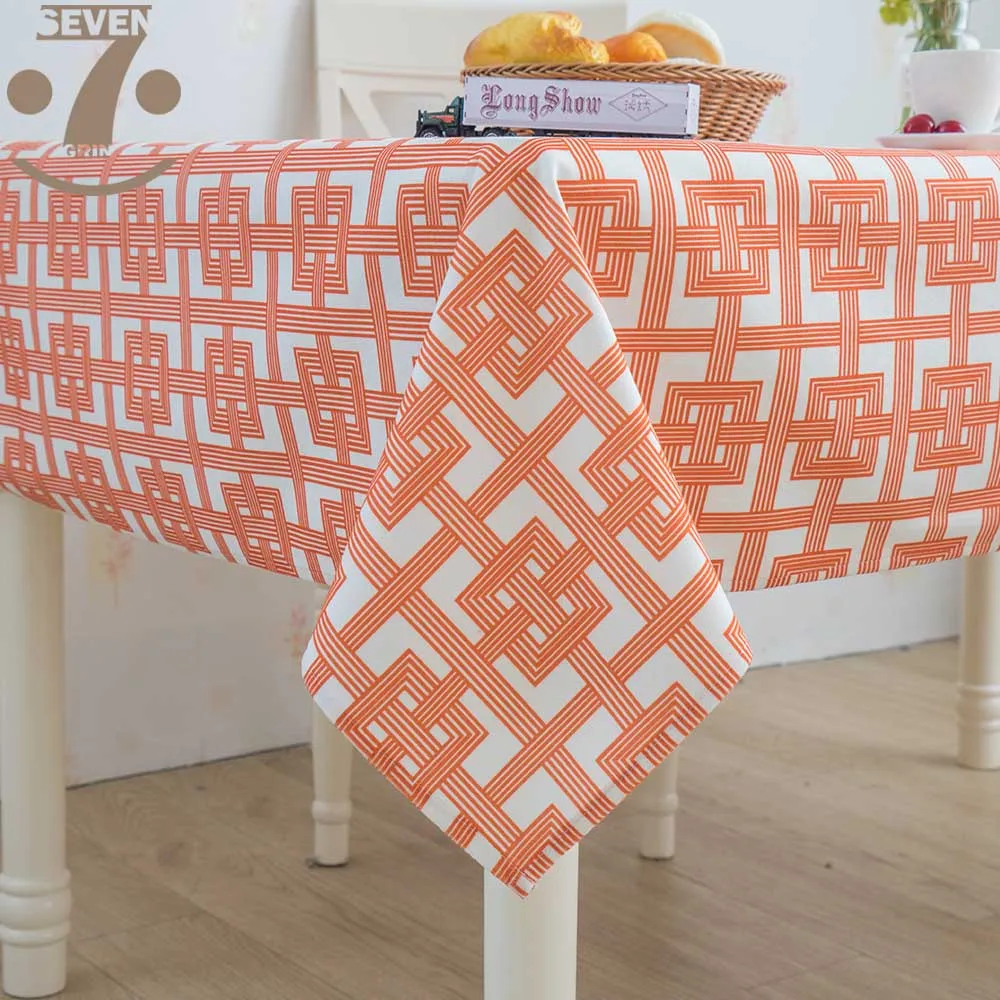 

Cute Thick Slubbed Microfiber Cloth Orange Plaid Square Rectangle Table Cover Modern Geometric Design Tablecloth