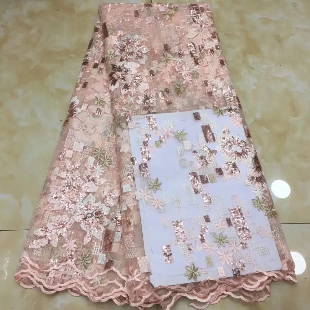 (5yards/pc) high quality African French net lace fabric peach tulle lace fabric with delicate embroidery and sequins