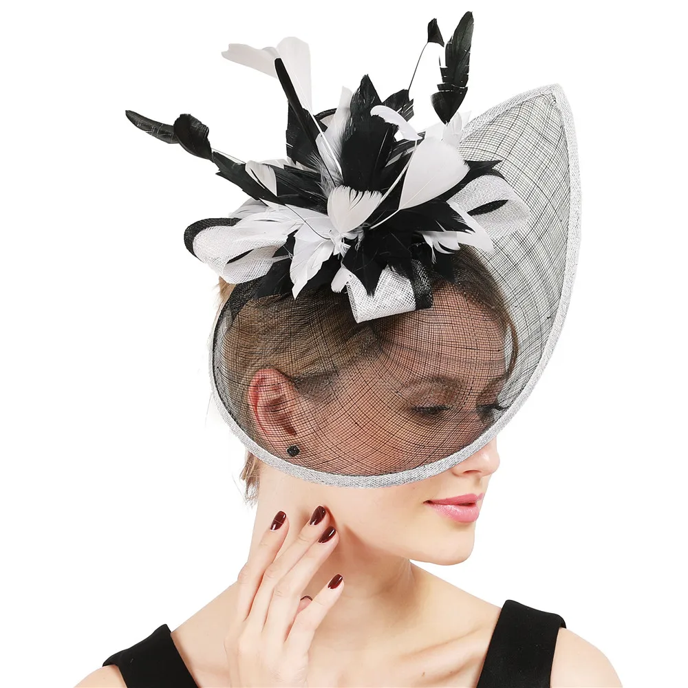 Elegante Sinamay Fascinator Hüte mit Feder blume Sinamay Trims Cocktail und Race Hüte Hochzeit Braut Kopf bedeckung mehrere Farben – Detail 5