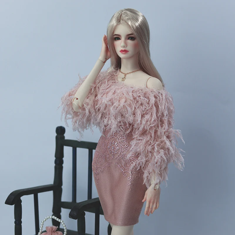 

BJD Doll Clothes Pink Feather Dress Top + Bodycon Set Elegant Sexy 1/3 1/4 1/6 DDM/DDL/MSD Custom Doll Accessories