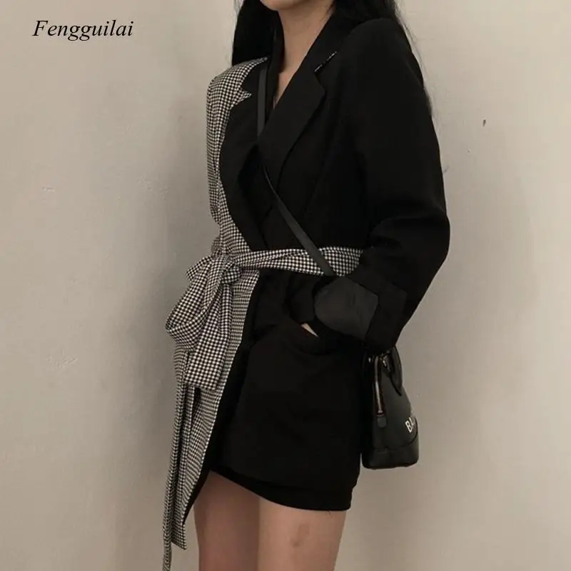 New Style Autumn Design Split Joint Lattice Irregular Blazers Chalaza High Waist Long Fund Loose Coat Woman