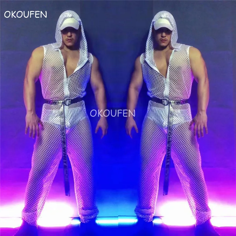 

Bar Nightclub Men Siger dancer Dj Party Show Sexy Stage Wear White Sleeveless Hollow One-piece Hip-hop Overalls