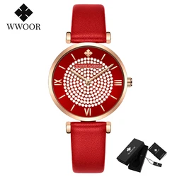 WWOOR-Relógio de quartzo pequeno de luxo para mulheres, relógios de vestido, diamante, couro vermelho, relógio impermeável, presente feminino