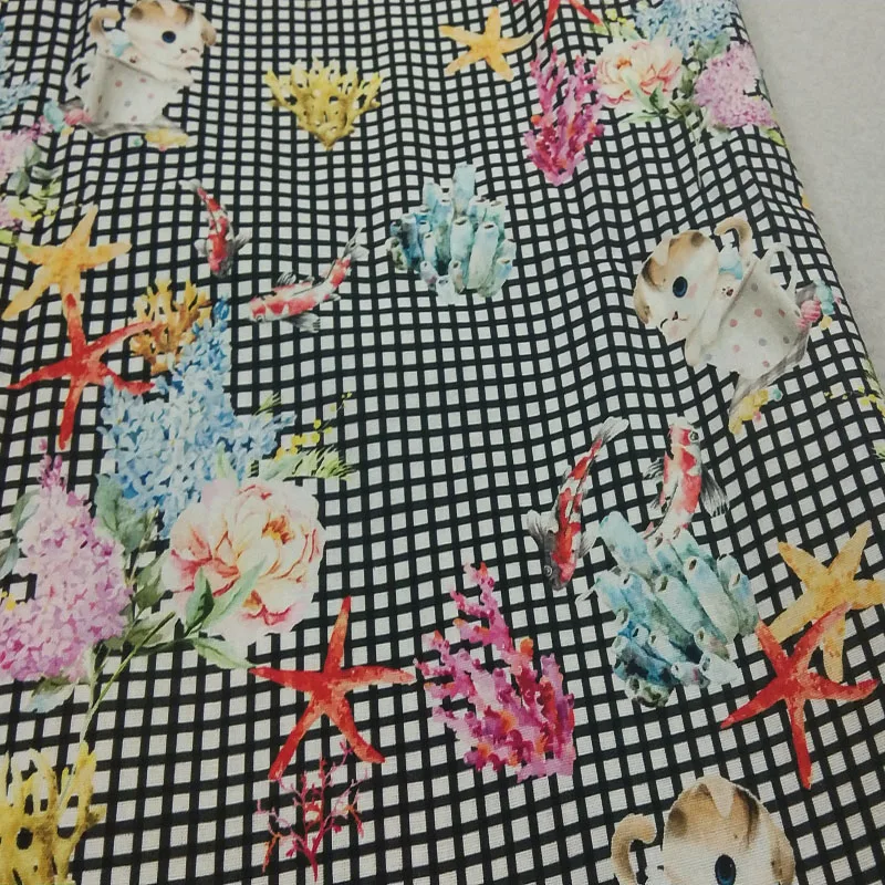 50x105cm Black Check Cartoon Cats Ocean Starfish Coral Printed Cotton Fabric Cat Fabric Patchwork Cloth Bag Party Home Decor