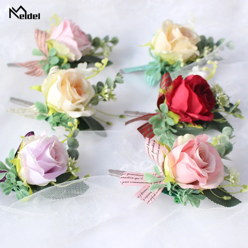 Meldel Zijde Rose Boutonniere Mannen Corsage Bruiloft Corsage Armband Bruidsmeisje Flowerwedding Bruidegom Knoopsgat Huwelijk Accessoires