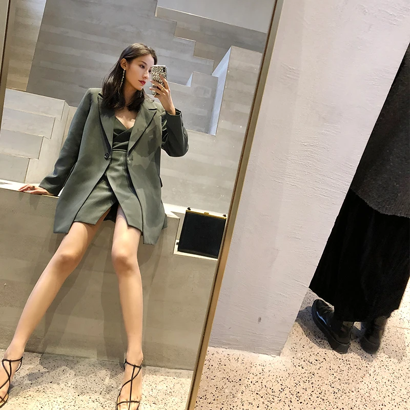 2024 Spring Autumn Women Two Piece Sets Blazer Jackets+ Lace Up Sleeveless Mini Dress Green 2 Pieces Jacket Dresses Suits