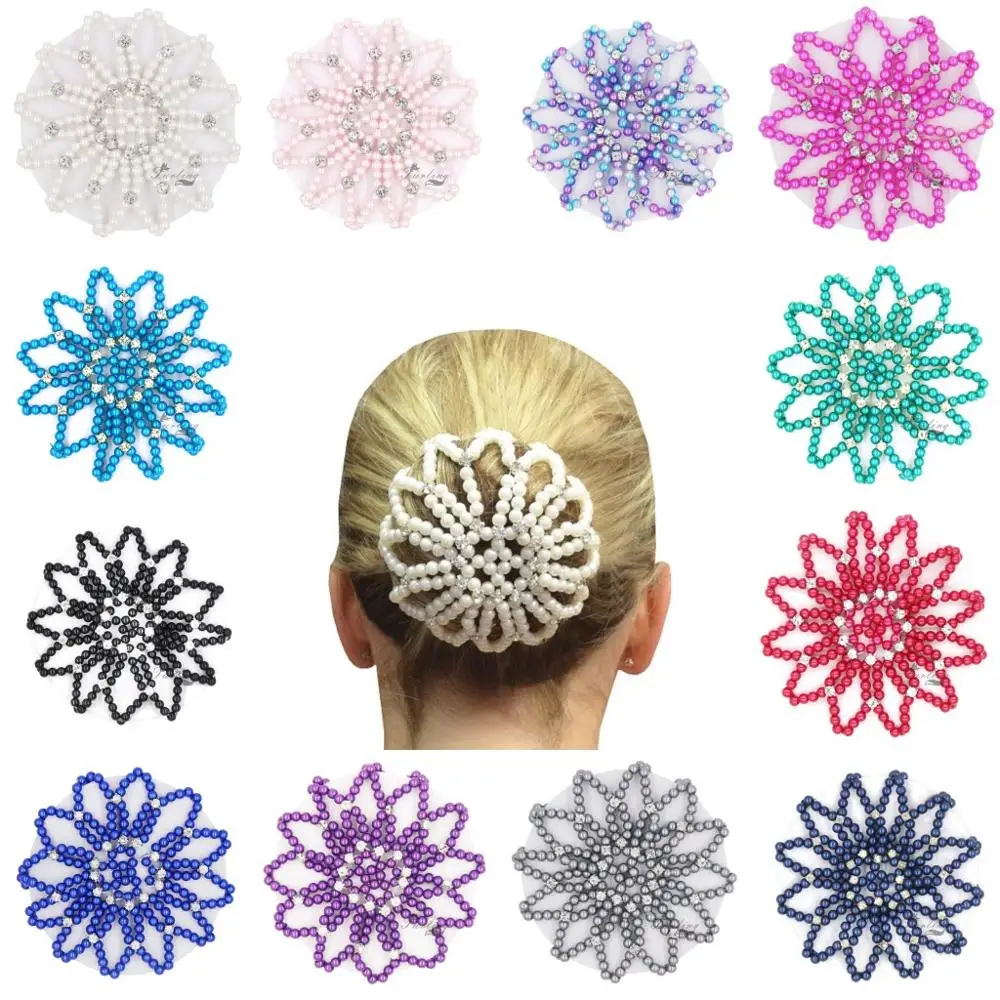 

1 PC or 2PC Hand Made Crochet Pearl Elastic Hair Nets Ballet Dancing Snood Net Hair Bands Bun Covers Ornament for Ladies