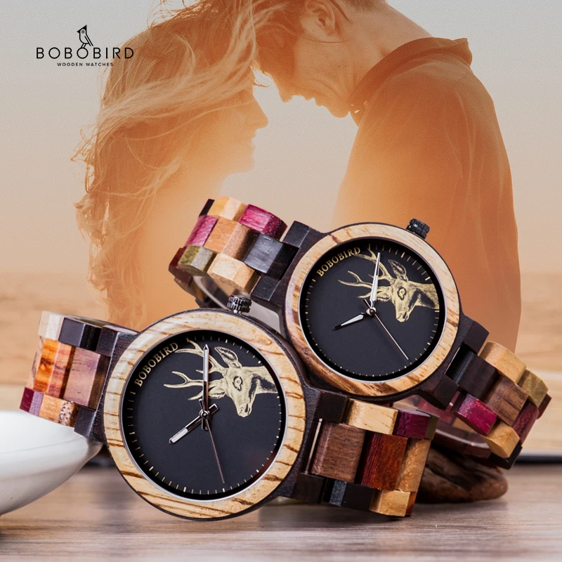 BOBO BIRD reloj de cuarzo para hombre, reloj de mujer con alce grabado, relojes de madera para mujer en caja de madera, reloj masculino, regalo