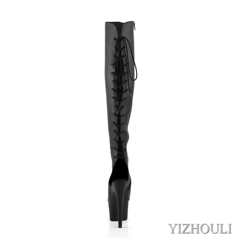 Sexy over-the-knee boots with 17cm heels, off-the-toe matte black stage shoes and models\' pole dancing boots