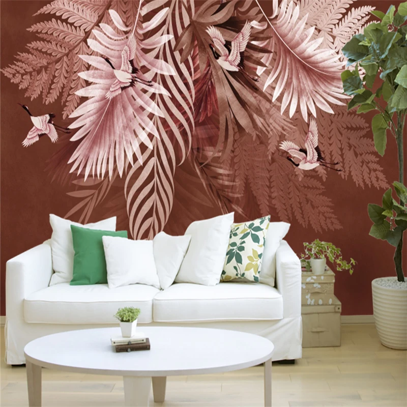 beibehang Custom Photo Wallpaper Plant Leaf Painting Crane Art Wall paper Painting Living Room TV Sofa Study Wall Decor