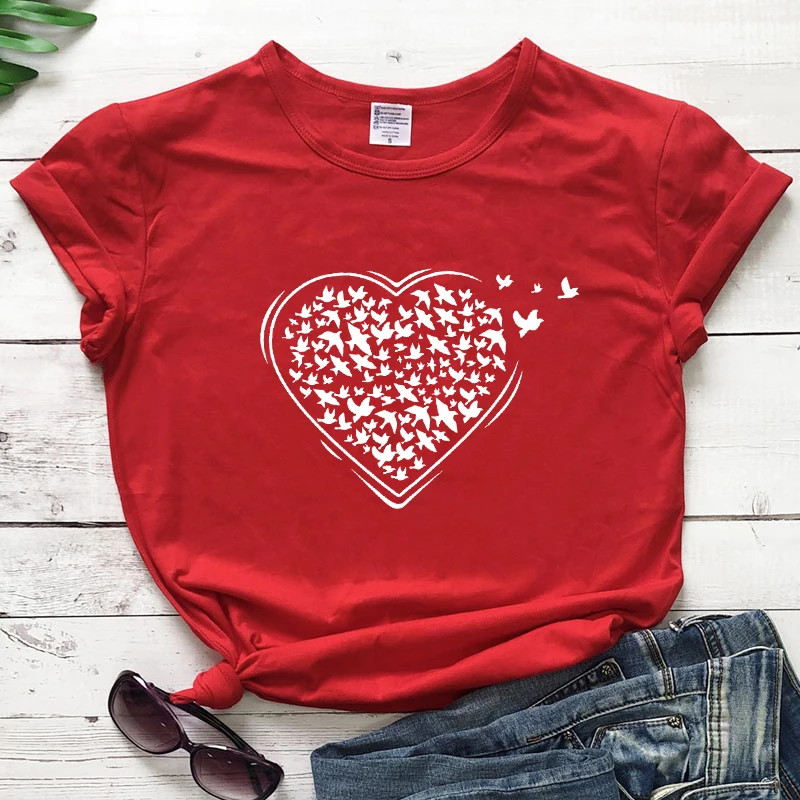 

Flying Birds With Heart T-shirt Fashion Women Graphic Art Top Tee Shirt Aesthetic Summer Short Sleeve Tumblr Hipster Tshirt