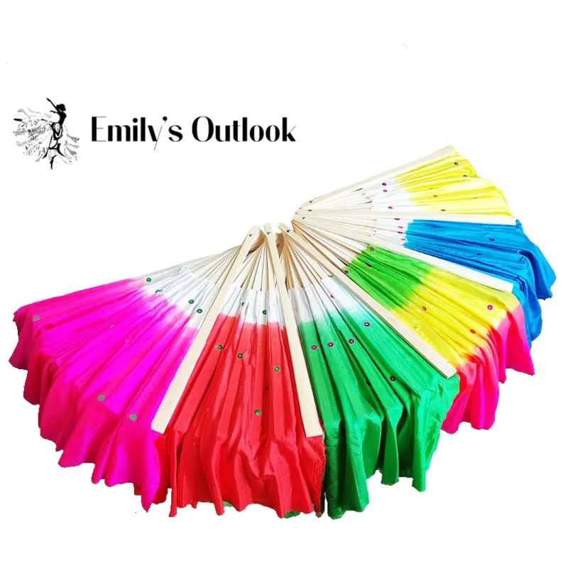 Cheap 41cm Imitation Silk Belly Dance Fan Veils Pair Sequine Decorated Bamboo Hand Fans For Bellydance Square Dancing Adults