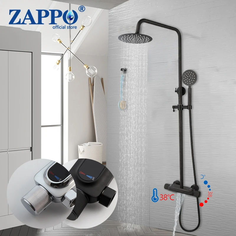 

ZAPPO Matte Black Bathroom Thermostatic Shower Faucet Set Constant Temperature Control Bath Faucets Shower System Brass Chrome