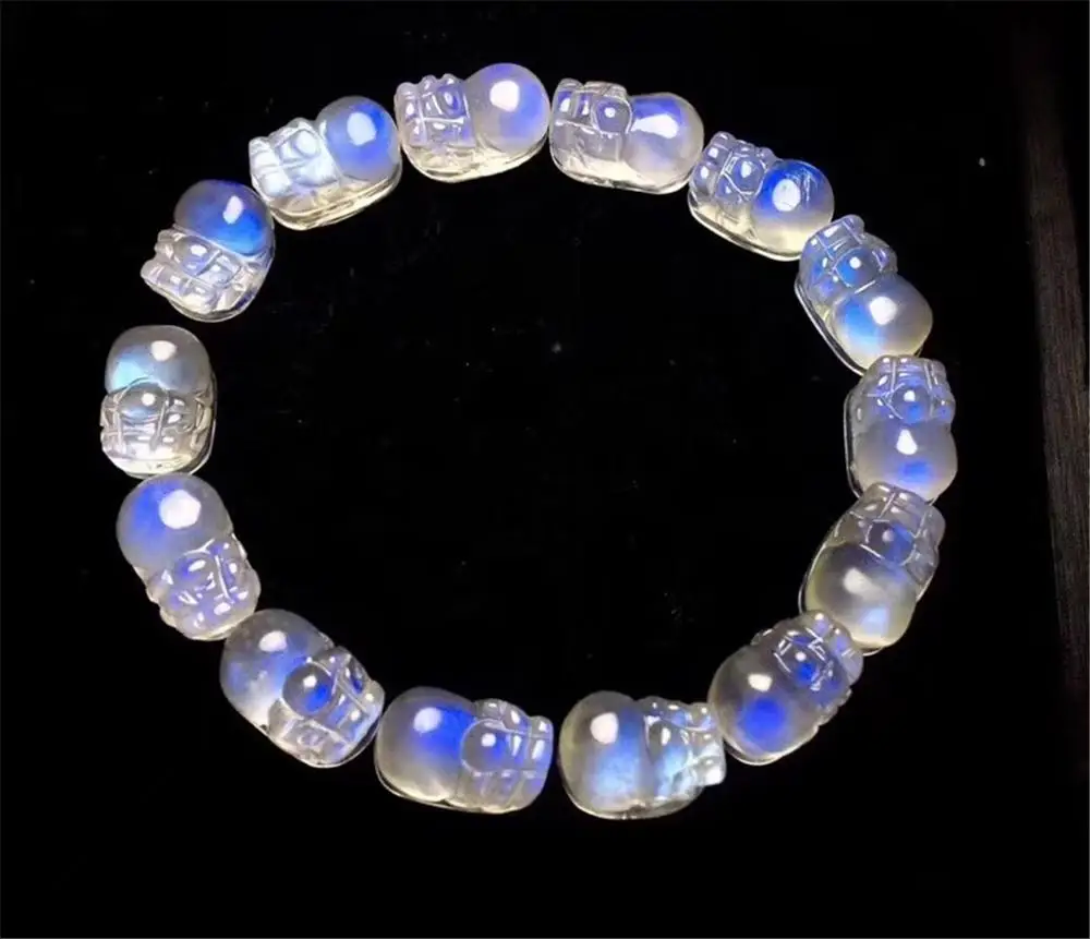 

Real Natural Pixiu/Piyao Moonstone Bracelet For Women Lady Man Stretch Love Blue Light Crystal Beads Stone Strand Jewelry AAAAA