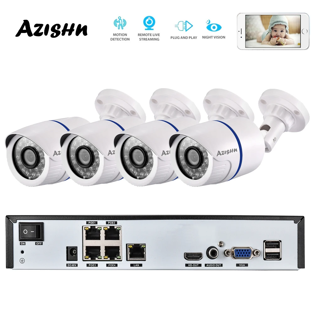 AZISHN 4CH H.265+1080P 48V POE 2MP NVR CCTV Camera System Outdoor Security 1080P IP Camera P2P Video Surveillance System NVR Kit