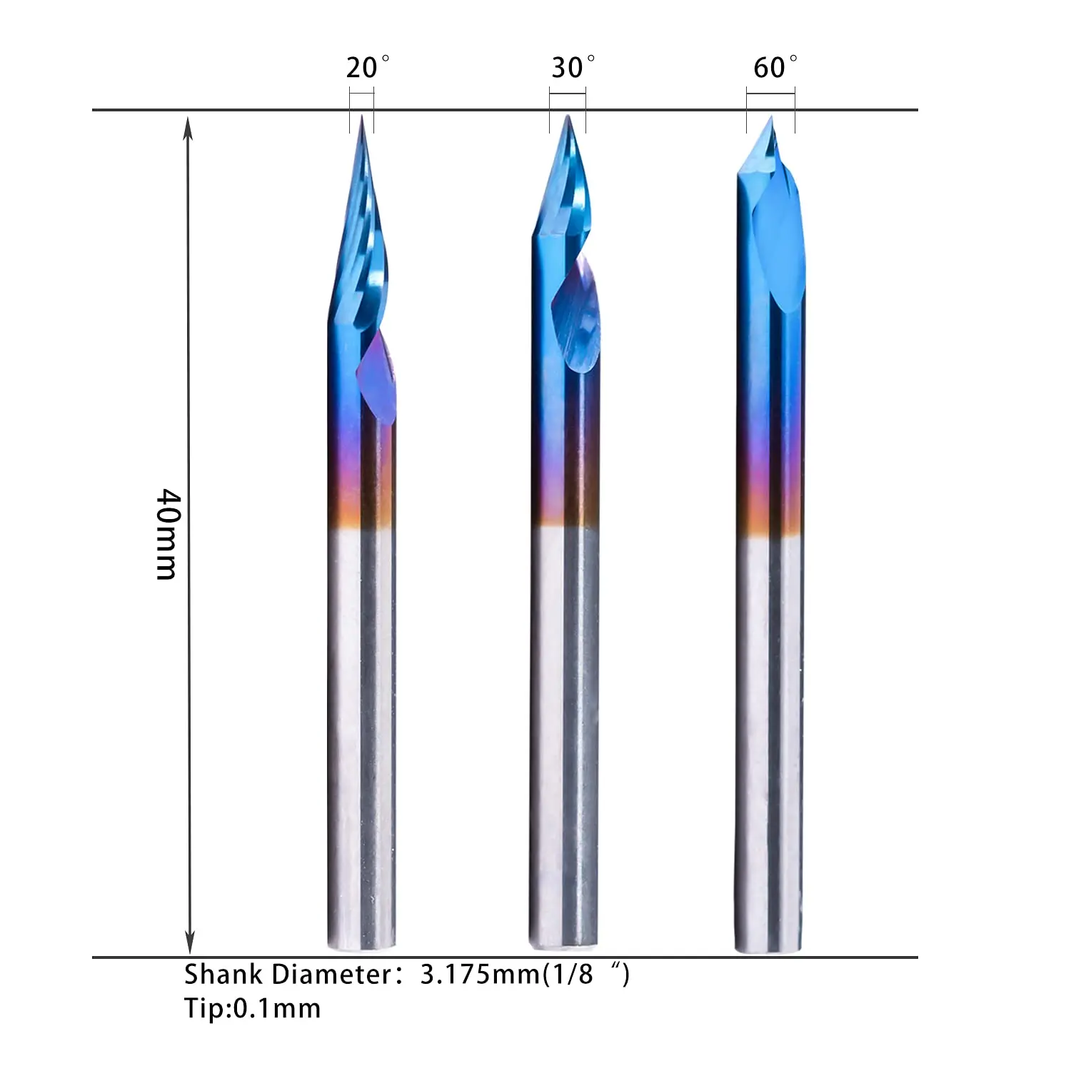 3pcs End Mills 20/30/60 Deg 0.1mm 2-Flute Spiral Engraving V-Bit Set, 1/8” Shank CNC Router Bits, Nano Blue Coating Carving Bit