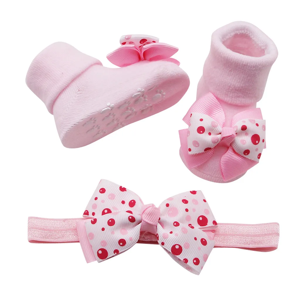 Baby Infant Socks +1PC Hair Belt Toddler Girls Bow Wave Point Non Slip Socks  Newborn Baby Socks Active Baby Keep Warm Clothes