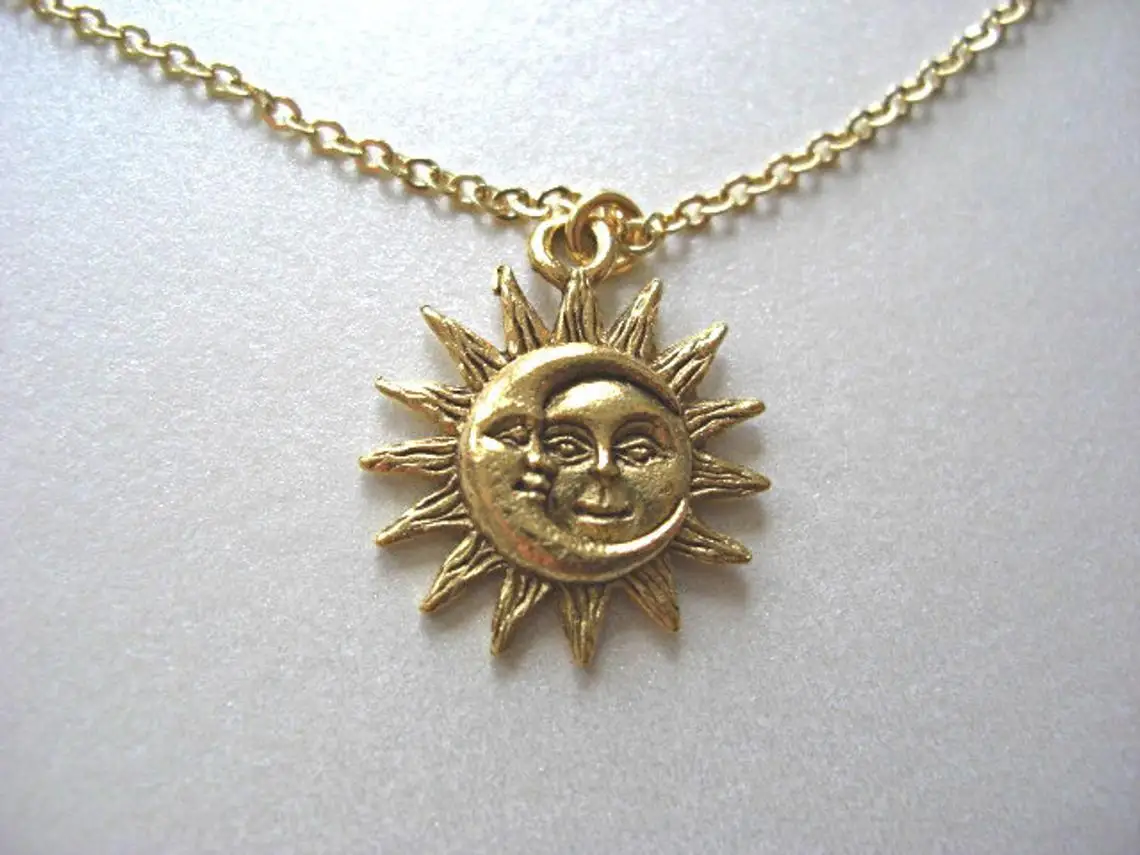 Gold Sun and Moon Pewter Charm Celestial Dainty Necklace, gold plated charm - Love & Friendship, Soulmate, Gift for her