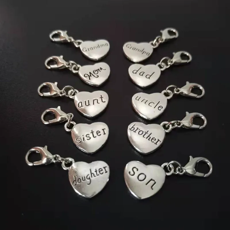 10pcs/Lot Family Member Heart  Letter Charms Grandpa Grandma Daughter Son Mon Dad Brother Sister Uncle Aunt  With Lobster