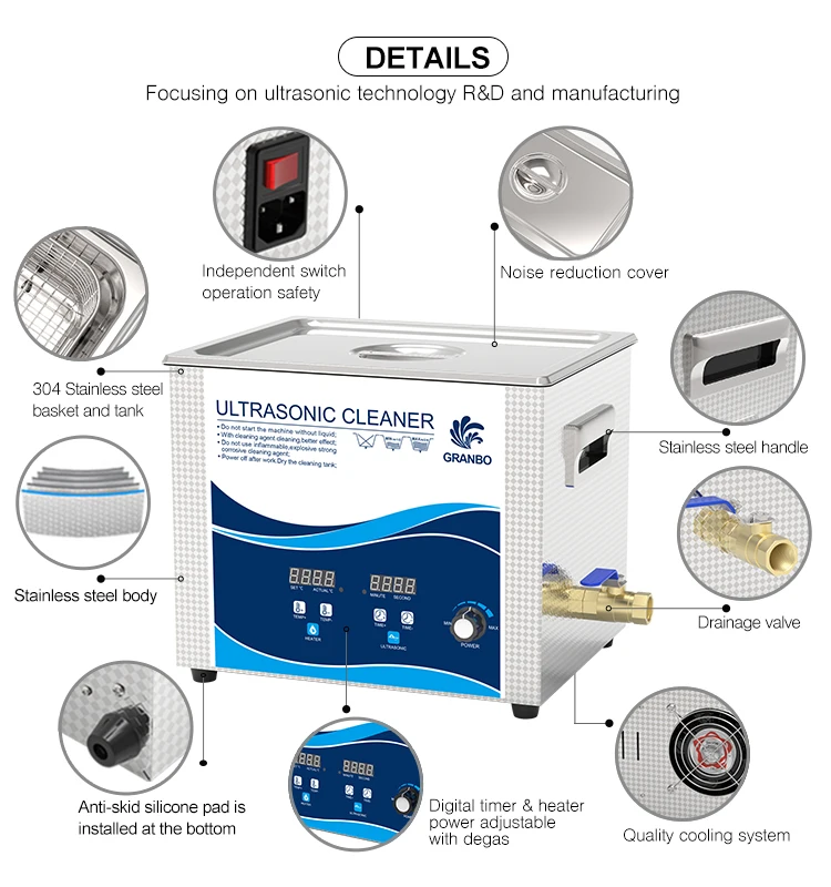 Granbo Ultrasonic Cleaner 10L 360W bagno inossidabile 40KHz rimuovere la soluzione di polvere di ruggine dell'olio per Hardware dentale Lab PCB Bearing