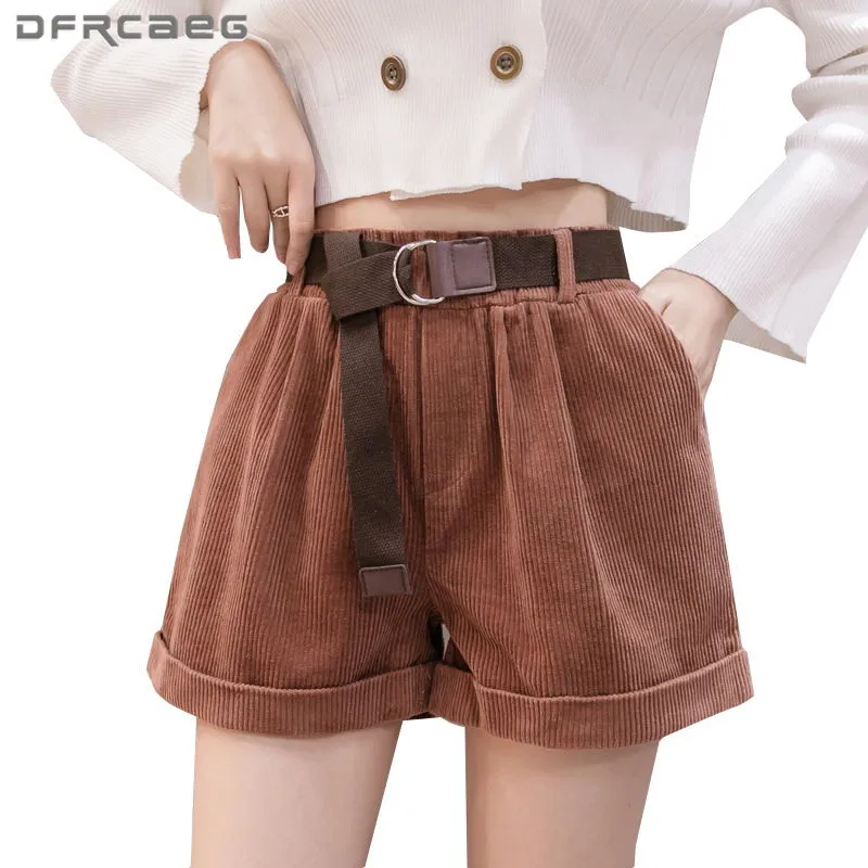 Autumn Winter Women Corduroy Shorts With Belt 2021 High Waist Loose Casual Warm Ladies Big Size Short For Boot Pink 4XL