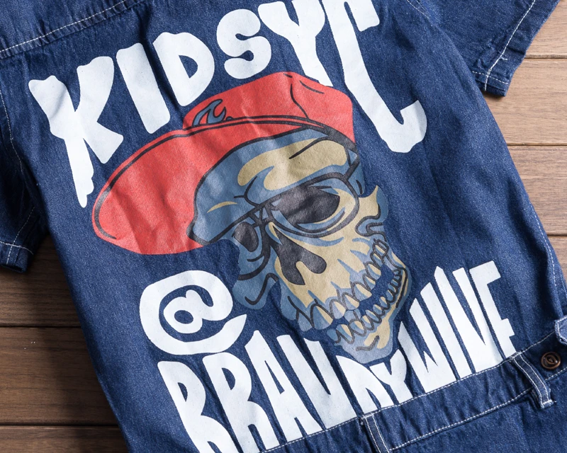 Summer Men Denim Jumpsuit Lapel Short-Sleeve Alphabet Cartoon Printing Overalls Hip-Hop Streetwear Jeans Short Cargo Pants
