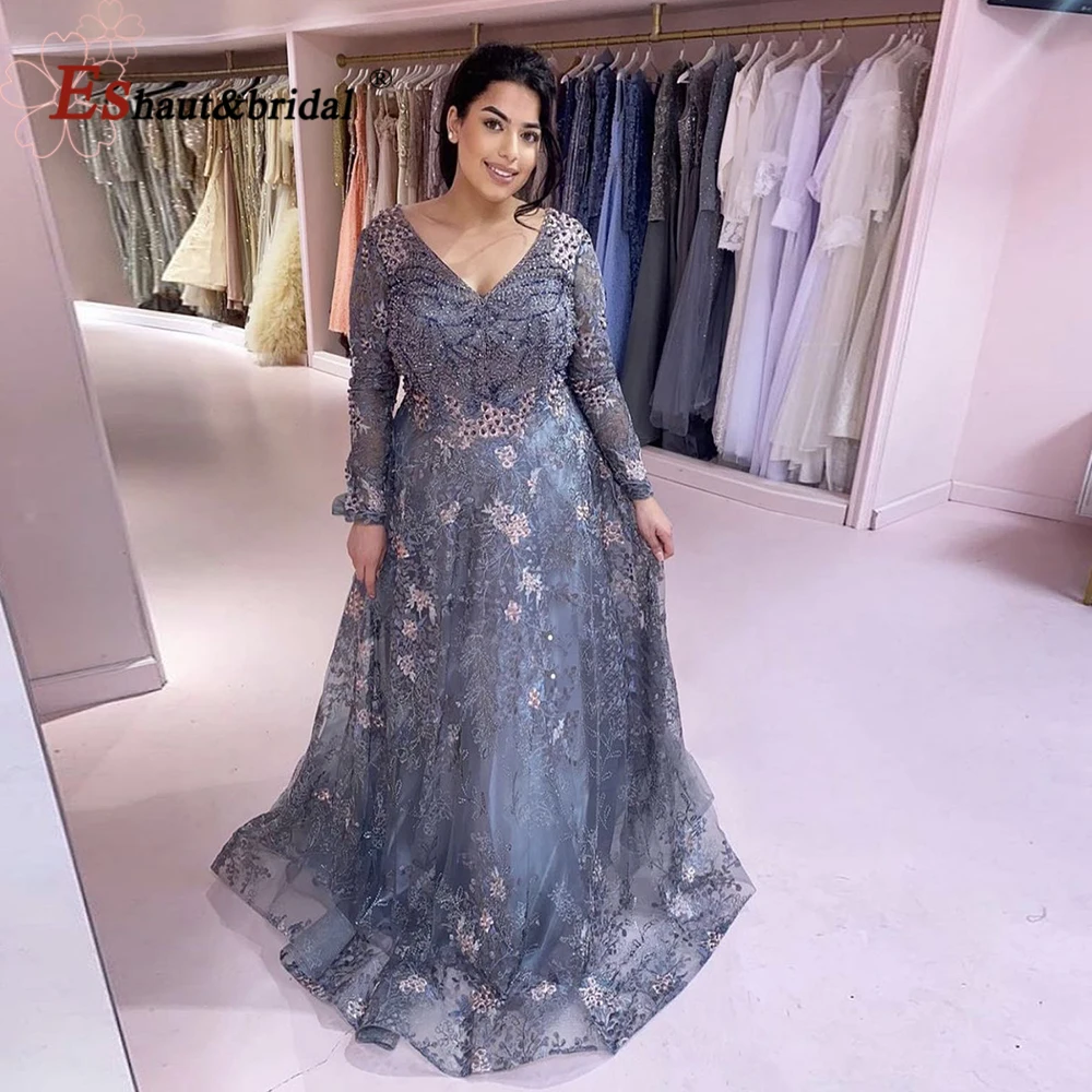 Elegant Dubai Arabic Long Sleeves Evening Night Dresses for Women 2024 Aline V Neck Crystal Lace Formal Prom Wedding Party Gowns