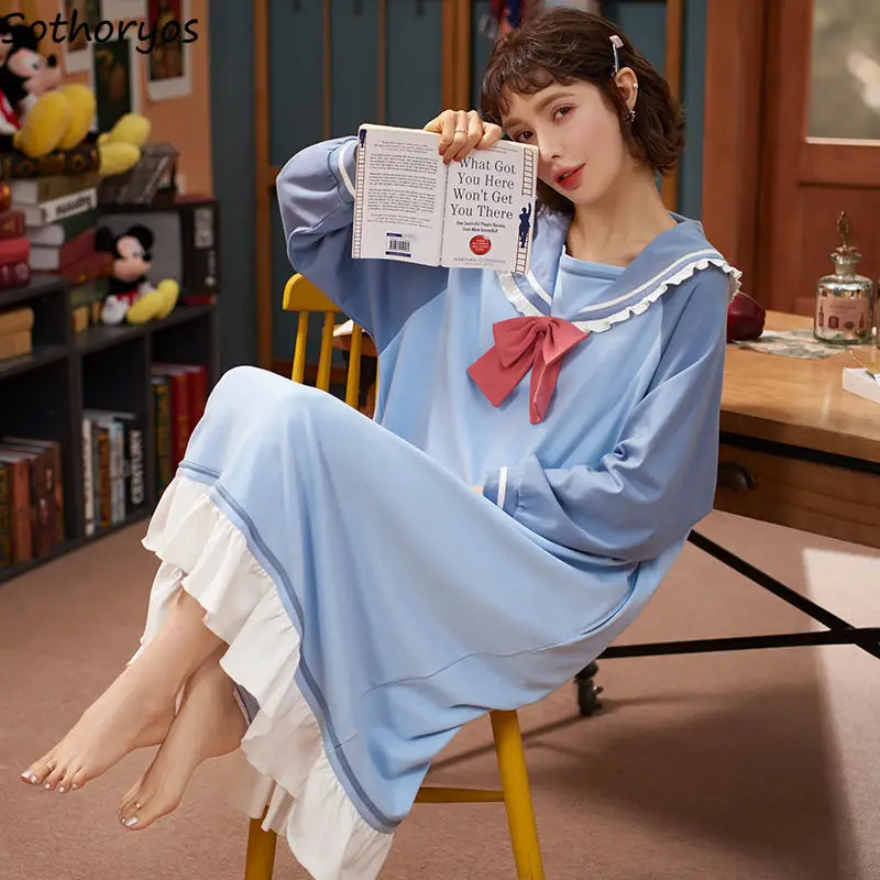 

Women Nightgowns Ruffles Chic Soft Bow Students Kawaii Fresh Homewear Korean Style Cartoon Print Fashion Casual Long Sleeve New