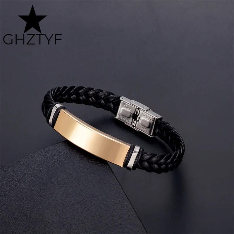 Braided Leather Bracelet with Stainless Steel Cuff Big Blank Area Steel Bracelets for Custom Jewelry Gift Men Women Teen