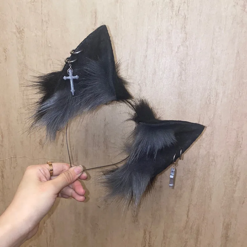 

Handmade Lolita Cosplay Black Neko Fox Ears Headband Hair Hoop Headwear Halloween Carnaval Accessories For Women