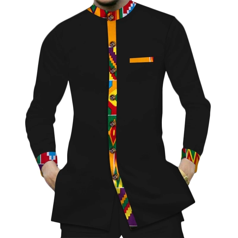 Casual 100% Cotton men%27s+shirts African clothes Dashiki Kente Patchwork Print Shirt Tops Bazin Riche African men shirts only