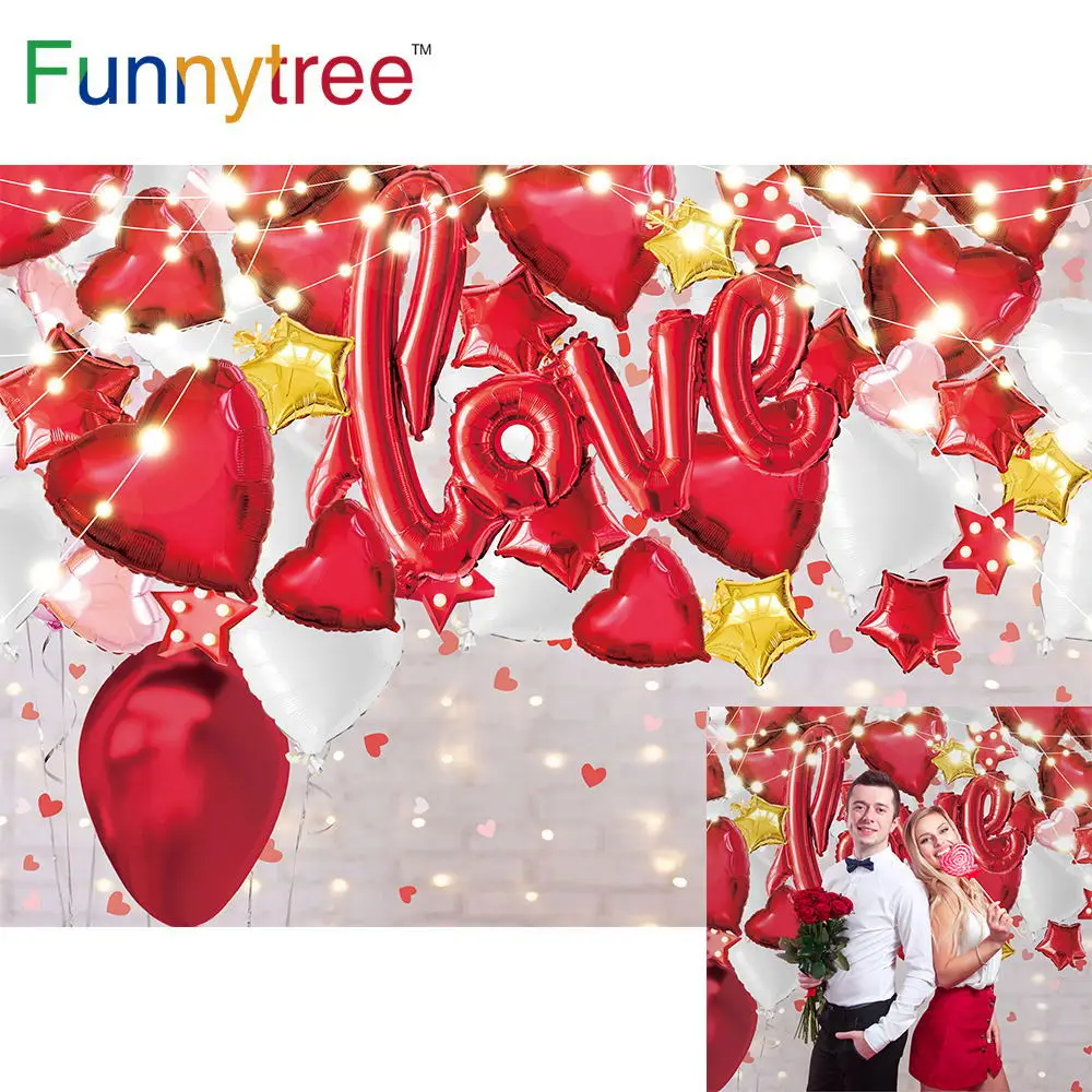 Funnytree Valentine's Day Background February 14 Wedding Heart Brick Wall Balloon Bokeh Glitter Love Photography Backdrop Banner