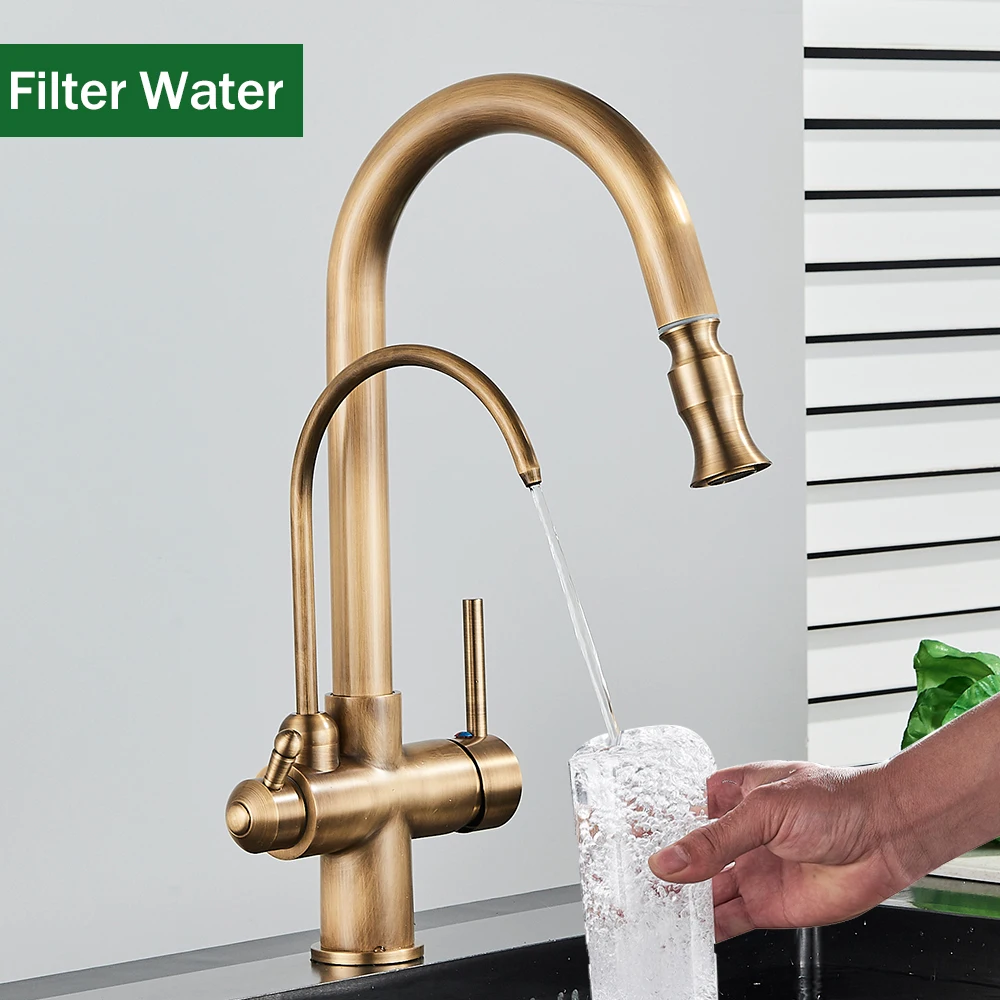 Rozin Filter Water Kitchen Faucet 2 in 1 Antique Brass Pull Out Nozzle Kitchen Purification Crane 2 Ways Swivel Mixer Tap