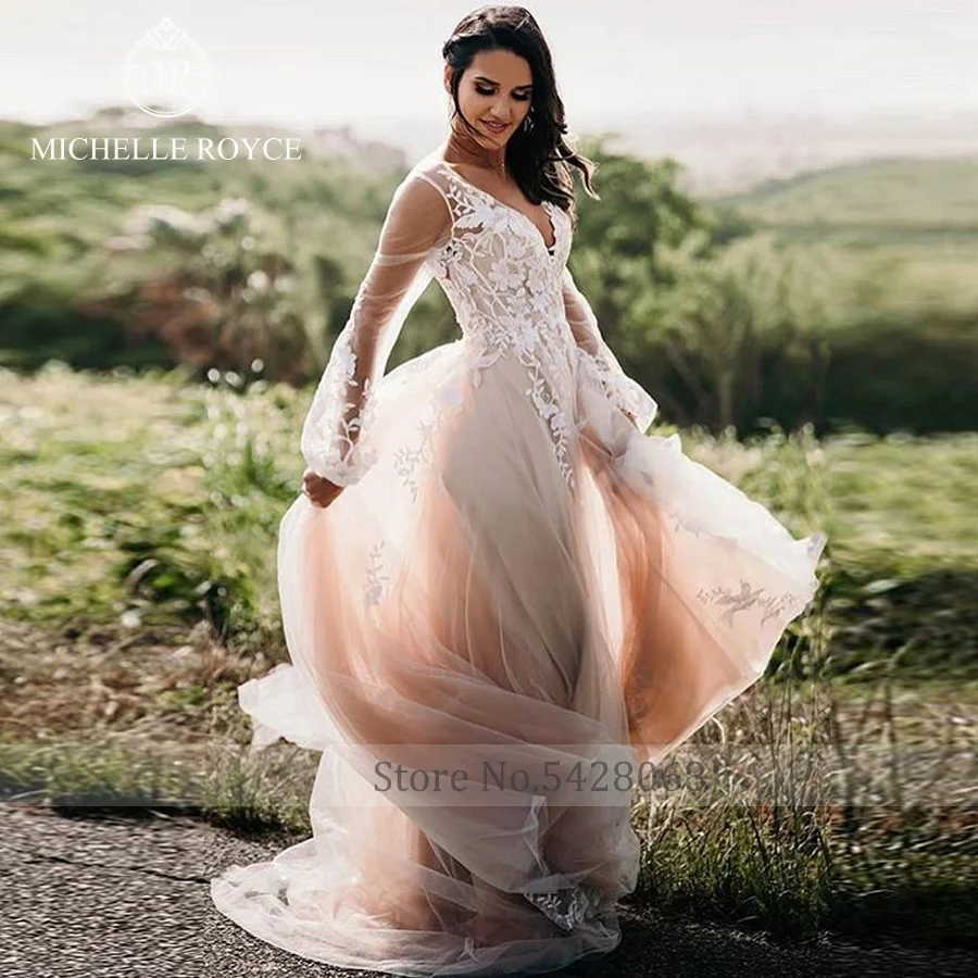 

Michelle Royce A-Line Puff Sleeve Wedding Dresses For Women 2022 Illusion Backless Chapel Train Wedding Gown Vestido De Novia