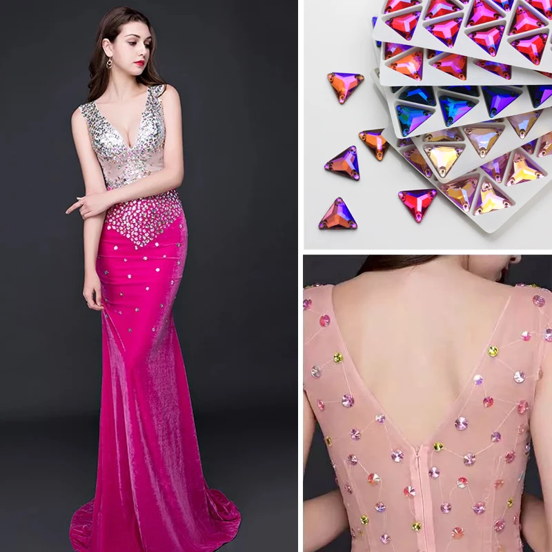 All colors sewing on rhinestones tri-angle flatback sew-on glass rhinestone three holes glass stone for DIY wedding for dress 15