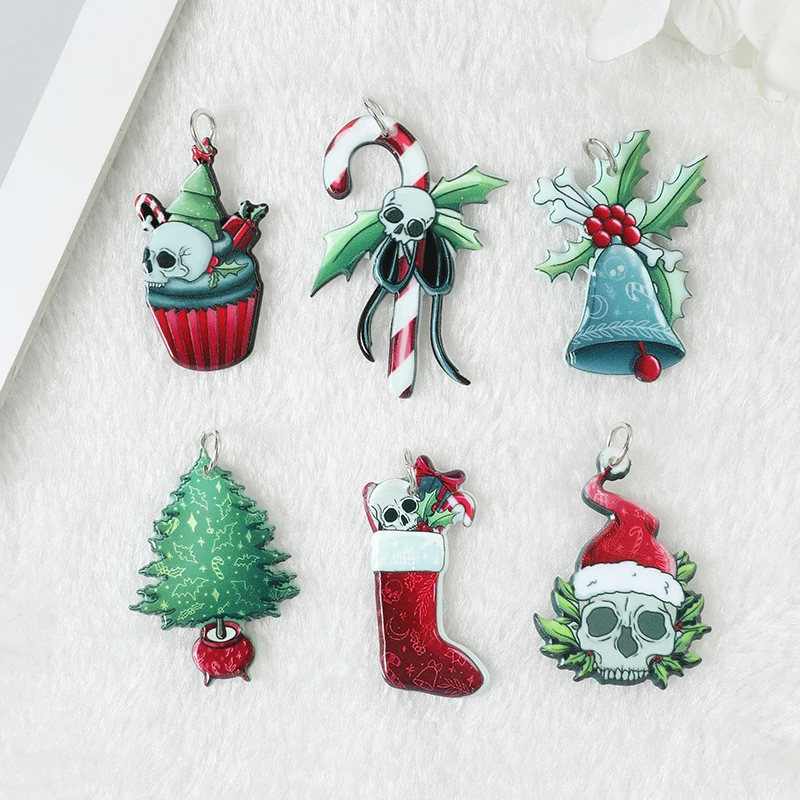 12Pcs Christmas Charms Spooky Tree Skull  Santa Claus Holiday Decoration Pendant  For Earring Necklace Diy Making