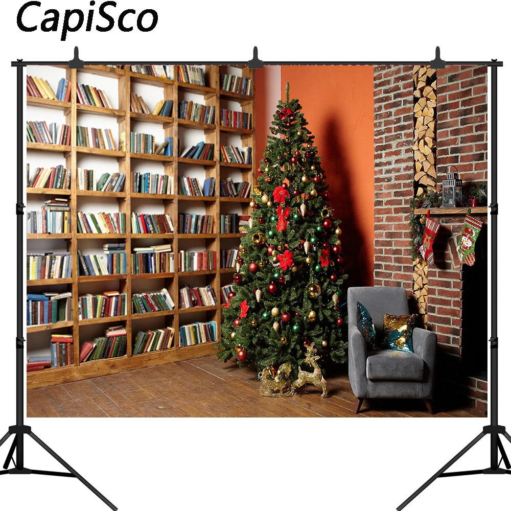 

Capisco photography background Christmas tree bookshelf fireplace brick wall backdrop photocall shoot photobooth photo studio