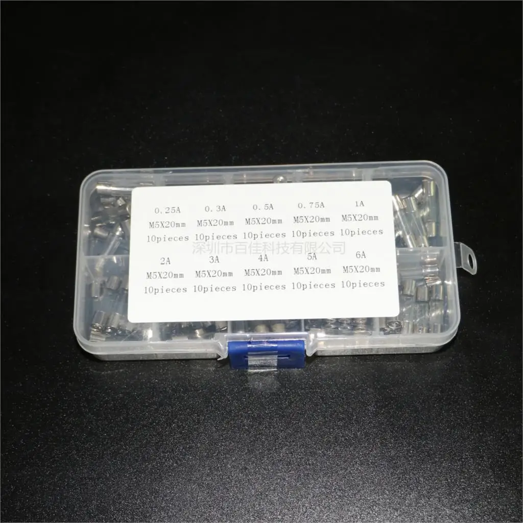 100Pcs Home appliance automobile glass fuse wire box 5*20MM 0.25A/0.3A/0.5A/6A 10 kinds specifications × 10Pcs