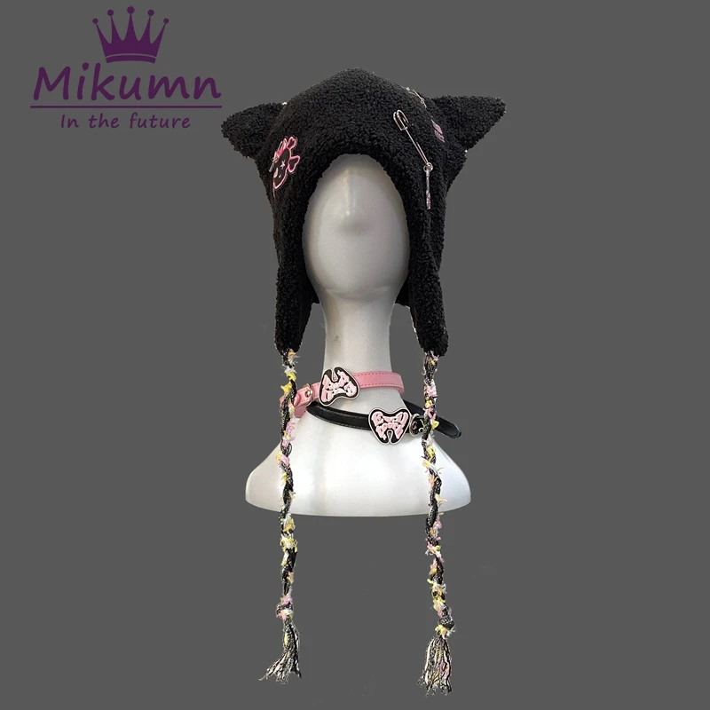 

Mikumn Japanese Harajuku Kawaii Black White Skull Cat Ears Hats For Women Girl Winter Warm Lambswool Cute Beanie Caps