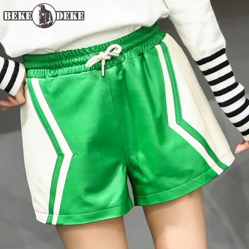 Personality Patchwork Genuine Leather Sweatpants Women Lace Up Elastic High Waist Wide Leg Shorts Casual Sheepskin Mini Shorts