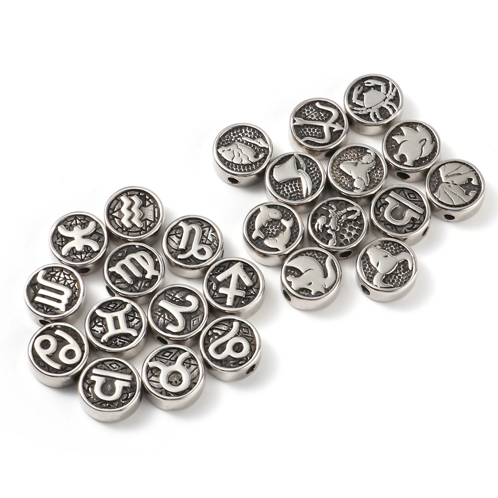 2 szt. Koraliki ze stali nierdzewnej z okrągłym znakiem zodiaku koralik w kolorze Gunmetal dla wyrób biżuterii bransoletka materiałów do majerwania, 10mm